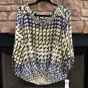 NWT I.N.Studio black, yellow and white sheer blouse. Size 1X